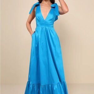 Lulu's Vibrant Blue Maxi Dress with Bow Accents